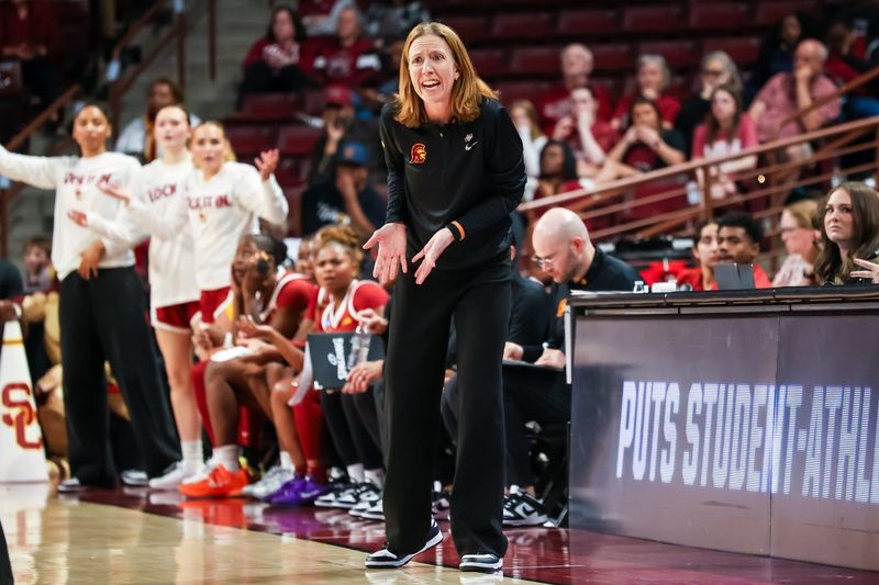 Mar 21, 2026; Columbia, South Carolina, USA; USC Trojans head coach Lindsay Gottlieb disputes a call against the Clemson Tigers in the second half at Colonial Life Arena. Mandatory Credit: Jeff Blake-Imagn Images