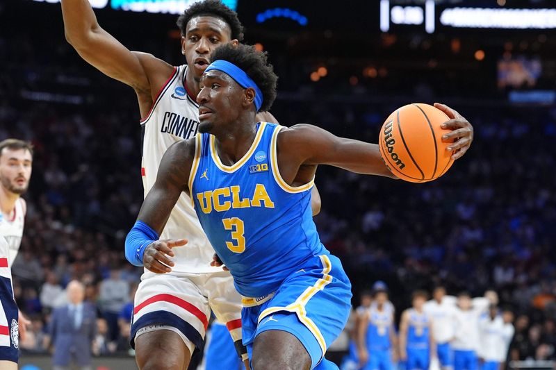 Mar 22, 2026; Philadelphia, PA, USA; UCLA Bruins forward Eric Dailey Jr. (3) dribbles the ball against the UConn Huskies in the first half during a second round game of the men's 2026 NCAA Tournament at Xfinity Mobile Arena. Mandatory Credit: Kyle Ross-Imagn Images
