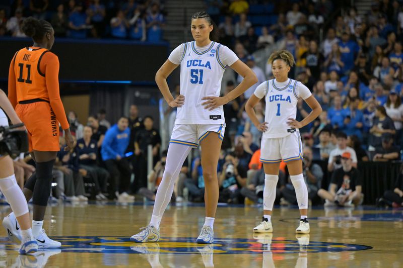Mar 23, 2026; Los Angeles, CA, USA; UCLA Bruins center Lauren Betts (51), guard Kiki Rice (1) and Oklahoma State Cowboys forward Achol Akot (11) wait at center court for the opening tip off at Pauley Pavilion. Mandatory Credit: Jayne Kamin-Oncea-Imagn Images