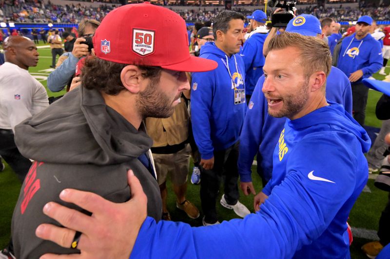 Nov 23, 2025; Inglewood, California, USA; Tampa Bay Buccaneers quarterback Baker Mayfield (6) is greeted by Los Angeles Rams head coach Sean McVay after the game at SoFi Stadium. Mandatory Credit: Jayne Kamin-Oncea-Imagn Images