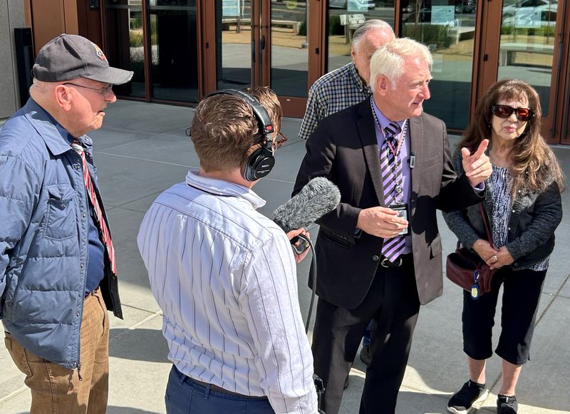 Shasta County Registrar of Voters Clint Curtis talks to media after the Wednesday, March 25, court hearing on Measure B.