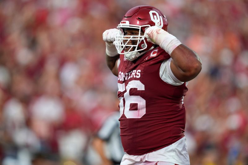 Oklahoma Sooners defensive lineman Gracen Halton (56) celebrates after a sack during a college football game between the University of Oklahoma Sooners (OU) and the Auburn Tigers on Saturday, Sept. 20, 2025. Oklahoma won 24-17.