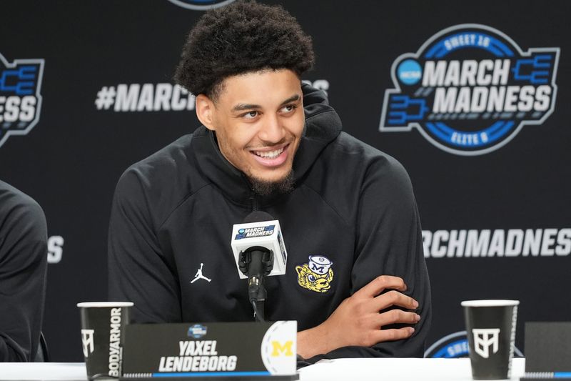 Michigan Wolverines forward Yaxel Lendeborg (23) during a press conference ahead of the Midwest Regional of the men's 2026 NCAA Tournament at United Center in Chicago, Illinois.