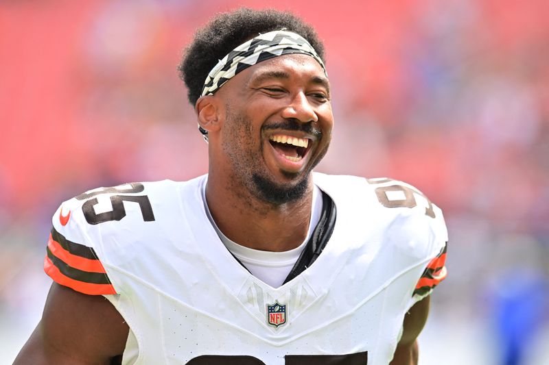 Aug 23, 2025; Cleveland, Ohio, USA; Cleveland Browns defensive end Myles Garrett (95) leaves the field before the game between the Browns and the Los Angeles Rams at Huntington Bank Field. Mandatory Credit: Ken Blaze-Imagn Images