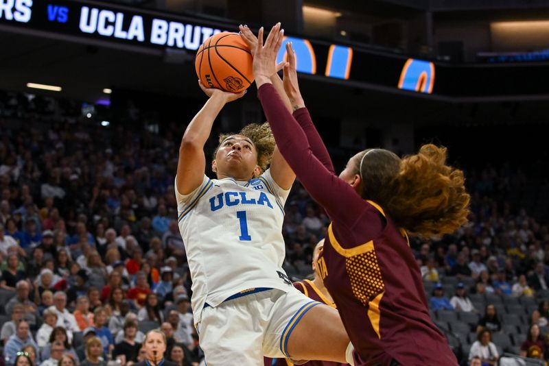 Mar 27, 2026; Sacramento, CA, USA; UCLA Bruins guard Kiki Rice (1) shoots against the Minnesota Golden Gophers during a Sweet Sixteen game of the Sacramento Regional 2 of the women's 2026 NCAA Tournament at Golden 1 Center. Mandatory Credit: Ed Szczepanski-Imagn Images