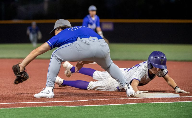 Tokay’s Gavin Severson drives safely back to first before a tag by Bear Creek’s Brayden Schoennauer on the pickoff attempt during a varsity baseball game at Tokay High School in Lodi on Mar. 25, 2026. Bear Creek won 3-2.