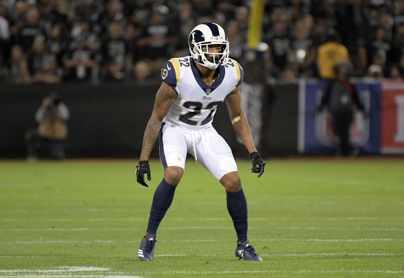 Sep 10, 2018; Oakland, CA, USA; Los Angeles Rams cornerback Marcus Peters (22) during the game against the Oakland Raiders at the Oakland-Alameda County Coliseum. The Rams defeated the Raiders 33-13. Mandatory Credit: Kirby Lee-USA TODAY Sports