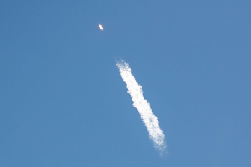 A SpaceX Falcon 9 rocket is seen after an afternoon launch March 26 from the Vandenberg Space Force Base on a mission to deploy the company's Starlink internet satellites to low-Earth orbit.