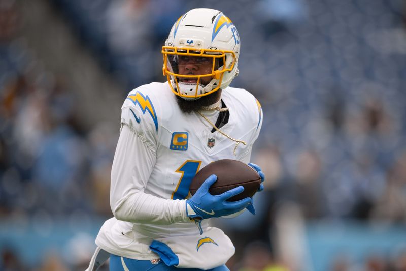 Nov 2, 2025; Nashville, Tennessee, USA; Los Angeles Chargers wide receiver Keenan Allen (13) makes a catch against the Tennessee Titans during pre-game warmups at Nissan Stadium. Mandatory Credit: Steve Roberts-Imagn Images