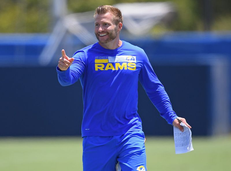 Jun 8, 2021; Thousand Oaks, CA, USA; Los Angeles Rams head coach Sean McVay smiles during mini camp held at the practice facility at Cal State Lutheran. Mandatory Credit: Jayne Kamin-Oncea-USA TODAY Sports