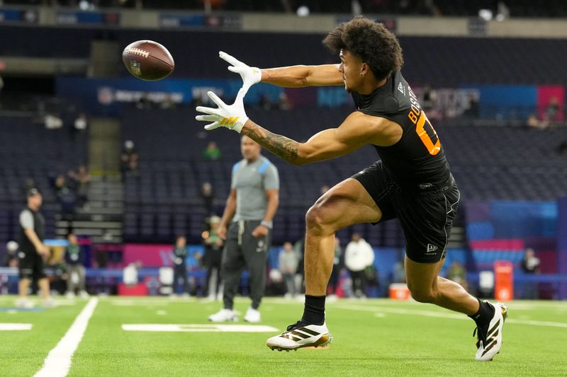 Feb 28, 2026; Indianapolis, IN, USA; Washington wideout Denzel Boston (WO08) during the NFL Scouting Combine at Lucas Oil Stadium. Mandatory Credit: Kirby Lee-Imagn Images