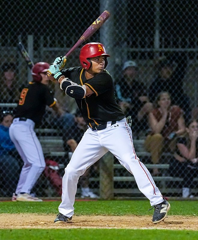 Palm Desert's Nick Chavez steps up to bat with one out and two runners on as the Blackhawks hold a 3-2 lead in Palm Desert, Calif., Thursday, April 2, 2026.