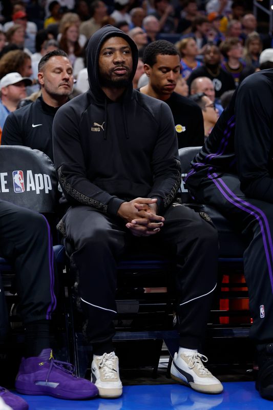 Apr 2, 2026; Oklahoma City, Oklahoma, USA; Los Angeles Lakers guard Marcus Smart (36) sits on the bench during the second half against the Oklahoma City Thunder at Paycom Center. Mandatory Credit: Alonzo Adams-Imagn Images