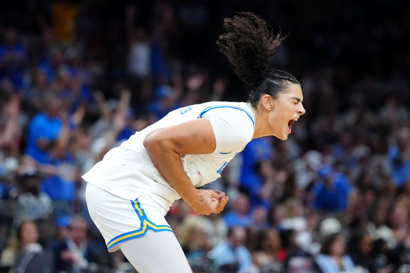 Apr 5, 2026; Phoenix, AZ, USA; UCLA Bruins center Lauren Betts (51) reacts in the second half against the South Carolina Gamecocks during the National Championship game of the women's 2026 NCAA Tournament at Mortgage Matchup Center. Mandatory Credit: Kirby Lee-Imagn Images