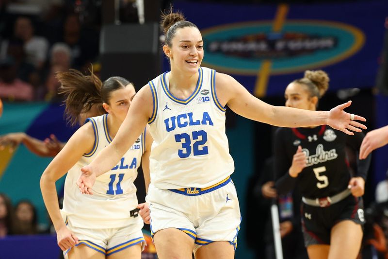 Apr 5, 2026; Phoenix, AZ, USA; UCLA Bruins forward Angela Dugalic (32) celebrates against the South Carolina Gamecocks in the second quarter during the National Championship game of the women's 2026 NCAA Tournament at Mortgage Matchup Center. Mandatory Credit: Mark J. Rebilas-Imagn Images