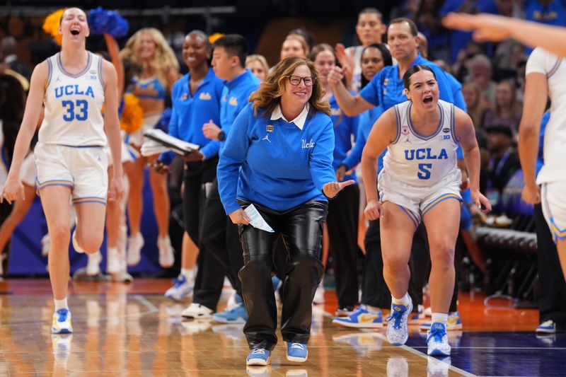 Apr 5, 2026; Phoenix, AZ, USA; UCLA Bruins head coach Cori Close reacts in the first half against the South Carolina Gamecocks during the National Championship game of the women's 2026 NCAA Tournament at Mortgage Matchup Center. Mandatory Credit: Joe Camporeale-Imagn Images