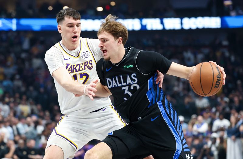 Apr 5, 2026; Dallas, Texas, USA; Dallas Mavericks forward Cooper Flagg (32) drives to the basket as Los Angeles Lakers forward Jake LaRavia (12) defends during the first quarter at American Airlines Center. Mandatory Credit: Kevin Jairaj-Imagn Images