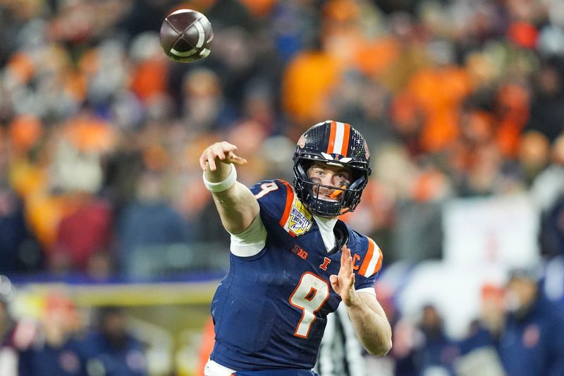 Illinois quarterback Luke Altmyer (9) throws the ball during the 2025 Music City Bowl at Nissan Stadium in Nashville, Tenn., on Dec. 30, 2025.