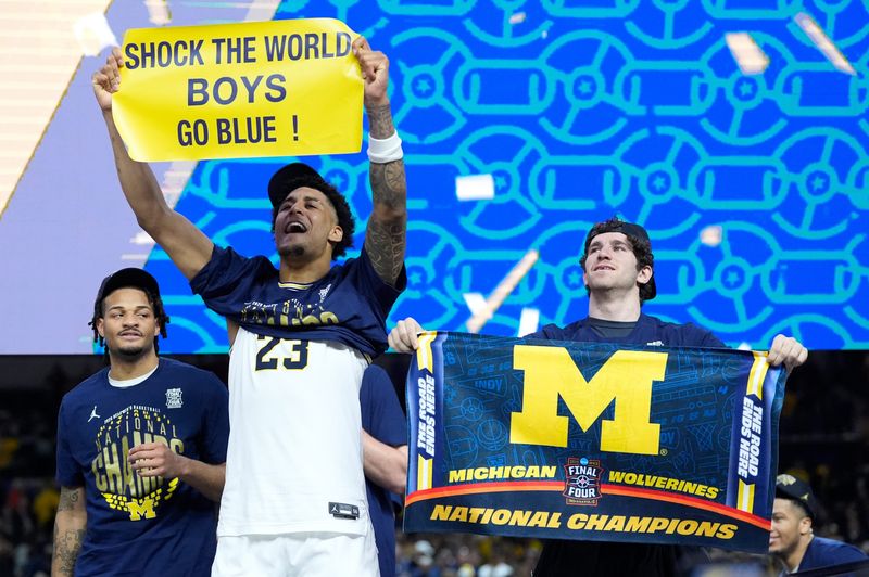 Michigan forward Yaxel Lendeborg (23) celebrates on after beating Connecticut to win the NCAA national championship at Lucas Oil Stadium in Indianapolis on Monday, April 6, 2026.
