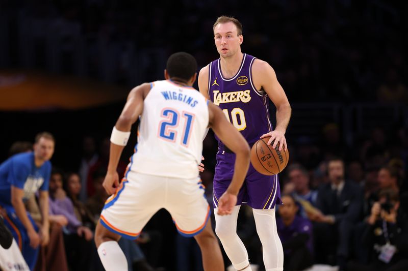 Feb 9, 2026; Los Angeles, California, USA; Los Angeles Lakers forward Luke Kennard (10) dribbles the ball against Oklahoma City Thunder guard Aaron Wiggins (21) during the second half at Crypto.com Arena. Mandatory Credit: Kiyoshi Mio-Imagn Images