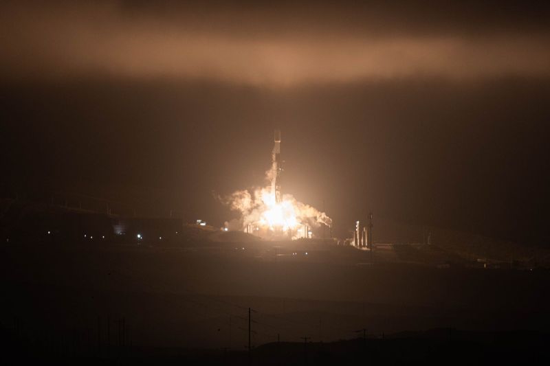 A SpaceX Falcon 9 rocket lifts off April 6 on a mission from the Vandenberg Space Force Base in California to deploy Starlink internet satellites into Earth orbit.