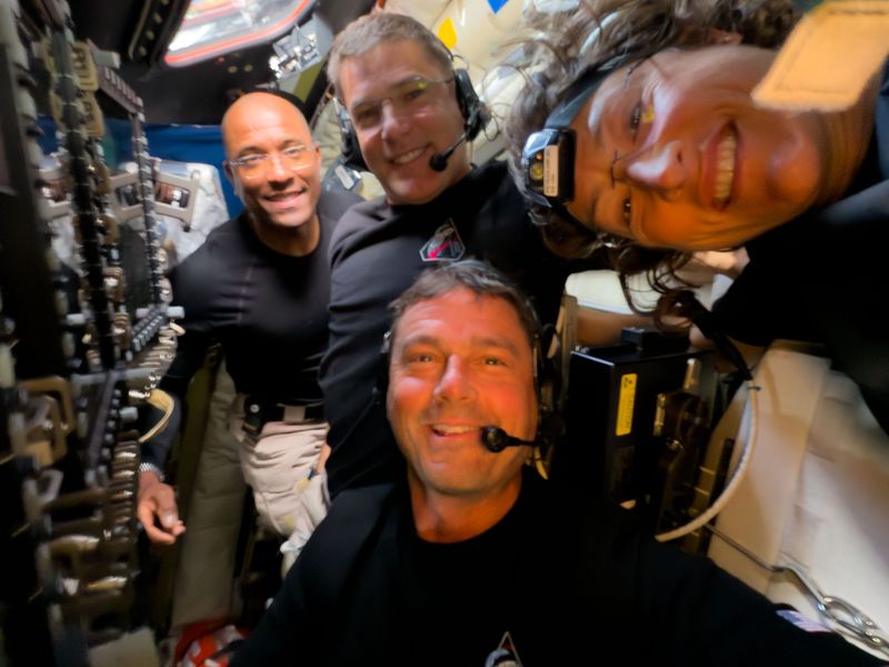 Lunar Selfie
Midway through their lunar observation period, the Artemis II crew members, seen here (From left to right: Victor Glover, Jeremy Hansen, Reid Wiseman, and Christina Koch), pause to turn the camera around for a selfie inside the Orion spacecraft.