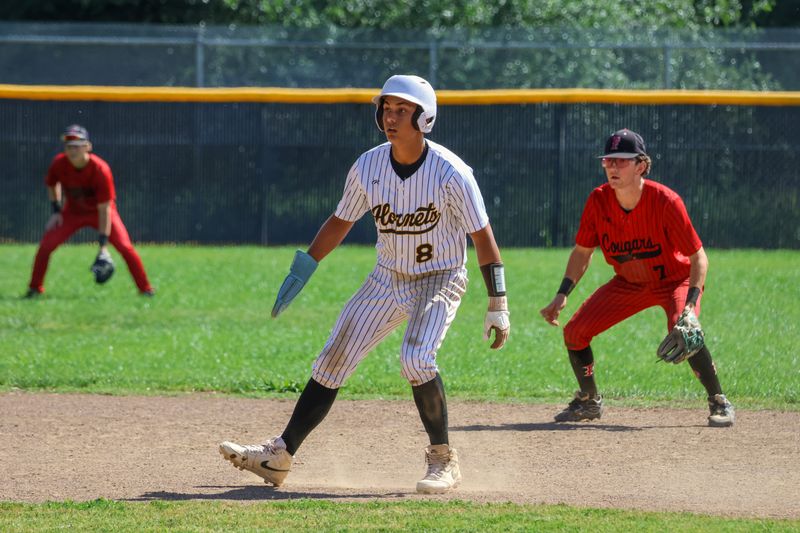 Enterprise junior Wayde Hutchings leads off second base in a game against Foothill. Hutchings finished the last 1.1 innings of Enterprise's combined no-hitter in its 1-0 win over Foothill on April 7, 2026.