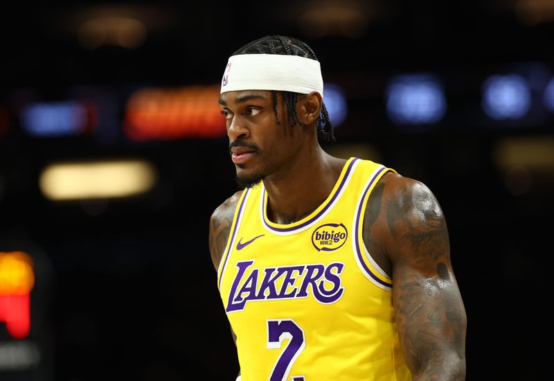 Feb 26, 2026; Phoenix, Arizona, USA; Los Angeles Lakers forward Jarred Vanderbilt (2) against the Phoenix Suns at Mortgage Matchup Center. Mandatory Credit: Mark J. Rebilas-Imagn Images