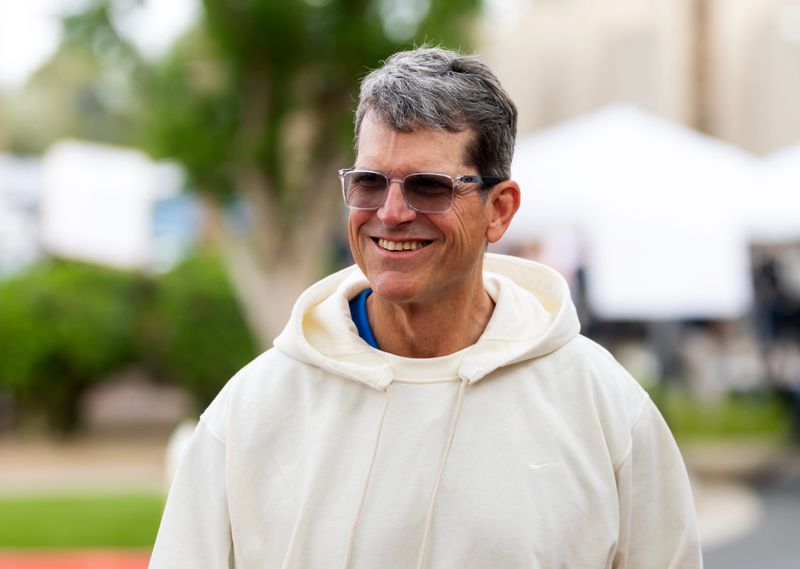 Mar 31, 2026; Phoenix, AZ, USA; Los Angeles Chargers head coach Jim Harbaugh during the 2026 NFL Annual League Meeting at the Arizona Biltmore. Mandatory Credit: Mark J. Rebilas-Imagn Images