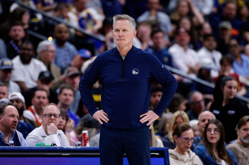 Mar 29, 2026; Denver, Colorado, USA; Golden State Warriors head coach Steve Kerr looks on in the first quarter against the Denver Nuggets at Ball Arena. Mandatory Credit: Isaiah J. Downing-Imagn Images