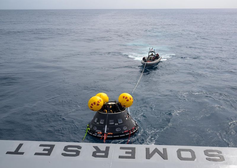 Teams practice Artemis II recovery operations in March 2025 using a full-scale replica of the Orion spacecraft that will make a water landing Friday, April 10 off the California coast.