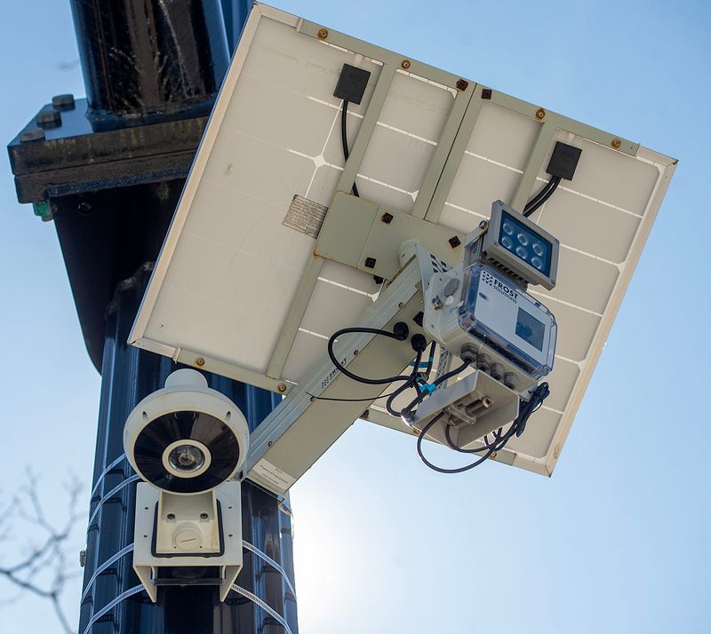 Flock camera attached to a traffic light pole on Rte 109 in Medway, April 9, 2026.