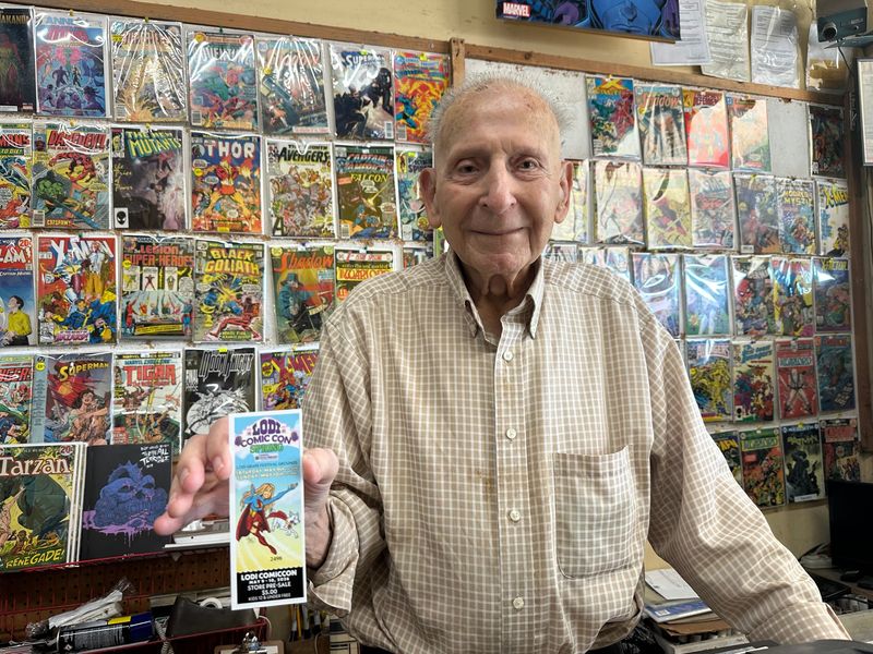 Al Greco, owner of Al's Comics holds a Lodi Comic Con Spring ticket on April 8, 2026.