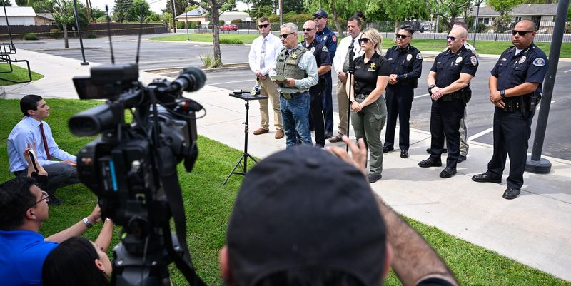Tulare County Sheriff Mike Boudreaux speaks to media Thursday, April 9, 2026 after a deputy was killed in a Porterville neighborhood after Tulare County Sheriff deputies attempted to serve an eviction notice. Around 10:20 a.m. deputies were in the area of Newcomb and Grand in Porterville when 60-year-old David Morales opened fire on them, killing TCSO Detective Randy Hoppert.