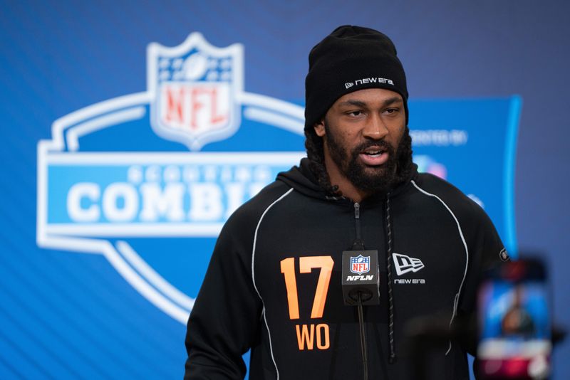 Feb 27, 2026; Indianapolis, IN, USA; Indiana wideout Omar Cooper Jr. (WO17) speaks to members of the media during the NFL Combine at the Indiana Convention Center. Mandatory Credit: Jacob Musselman-Imagn Images