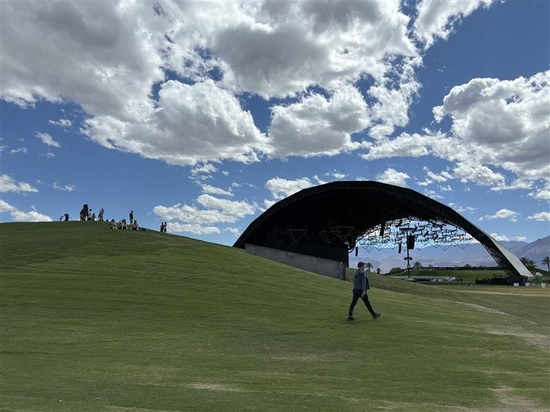The new Bunker constructed for Coachella 2026 is seen facing the Sahara tent at the Coachella Valley Music and Arts Festival at the Empire Polo Club in Indio, Calif., on Friday, April 10, 2026.