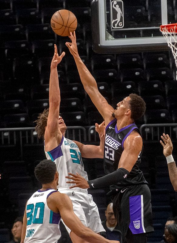 Stockton Kings’ Patrick Baldwin Jr. blocks the shot of Greensboro Swarm’s Tidjane Salaun during the second game of the NBA G League basketball championship at the Adventist Health Arena in downtown Stockton on Apr. 10, 2026. The Kings lost 119-104.