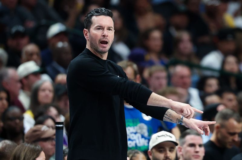 Apr 5, 2026; Dallas, Texas, USA; Los Angeles Lakers head coach JJ Redick reacts during the first half against the Dallas Mavericks at American Airlines Center. Mandatory Credit: Kevin Jairaj-Imagn Images