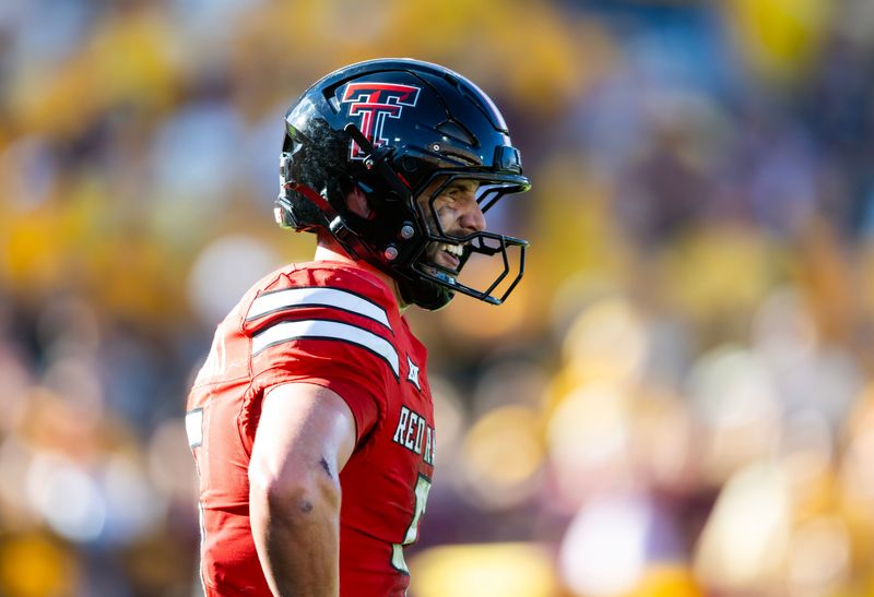 Oct 18, 2025; Tempe, Arizona, USA; Texas Tech Red Raiders safety Cole Wisniewski (5) against the Arizona State Sun Devils at Mountain America Stadium. Mandatory Credit: Mark J. Rebilas-Imagn Images