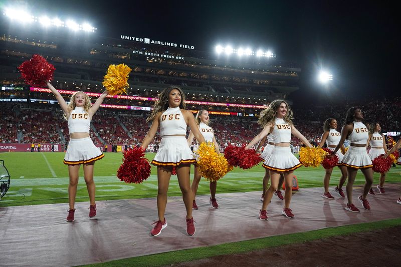 Sep 9, 2023; Los Angeles, California, USA; Southern California Trojans song girls cheerleaders perform during the game against the Stanford Cardinal at United Airlines Field at Los Angeles Memorial Coliseum. Mandatory Credit: Kirby Lee-USA TODAY Sports