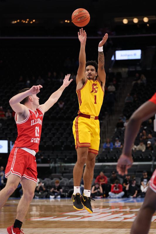 Nov 14, 2025; Inglewood, California, USA; Southern California Trojans guard Rodney Rice (1) shoots the ball over Illinois State Redbirds guard Johnny Kinziger (11) during the first half of the Hall of Fame Series game at Intuit Dome. Mandatory Credit: Kiyoshi Mio-Imagn Images