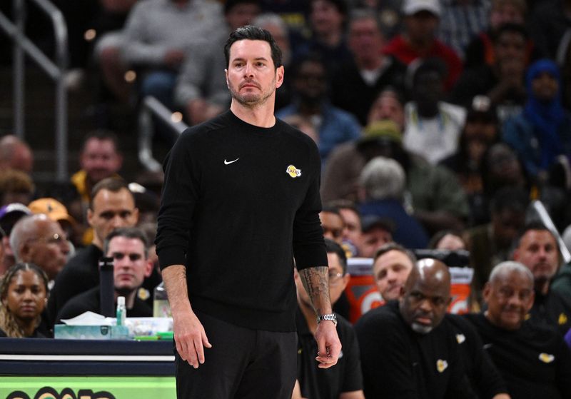 Mar 25, 2026; Indianapolis, Indiana, USA; Los Angeles Lakers head coach JJ Redick watches game action during the second quarter against the Indiana Pacers at Gainbridge Fieldhouse. Mandatory Credit: Marc Lebryk-Imagn Images