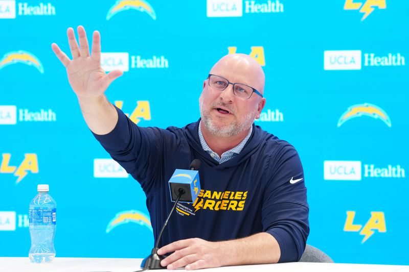 Apr 16, 2026; El Segundo, CA, USA; Los Angeles Chargers general manager Joe Hortiz speaks at press conference at The Bolt. Mandatory Credit: Kirby Lee-Imagn Images