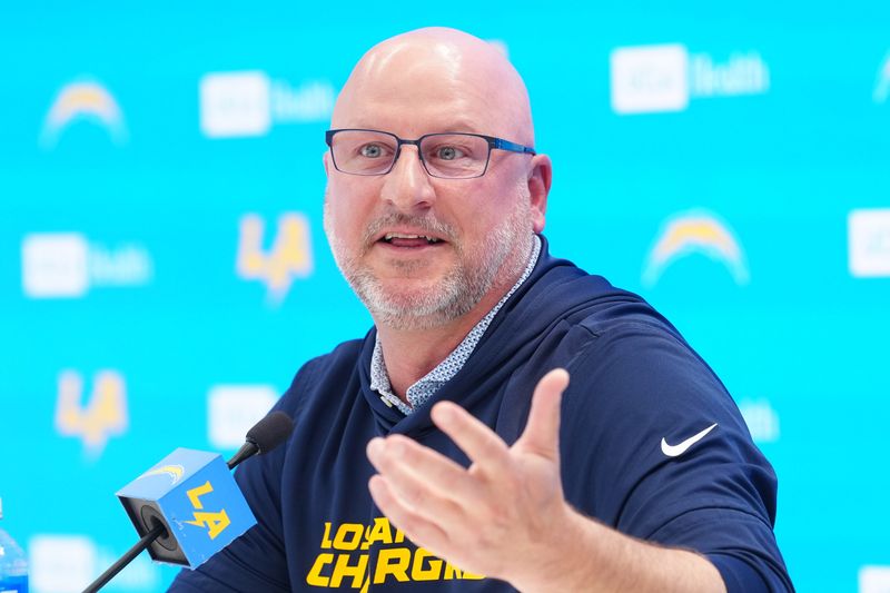 Apr 16, 2026; El Segundo, CA, USA; Los Angeles Chargers general manager Joe Hortiz speaks at press conference at The Bolt. Mandatory Credit: Kirby Lee-Imagn Images