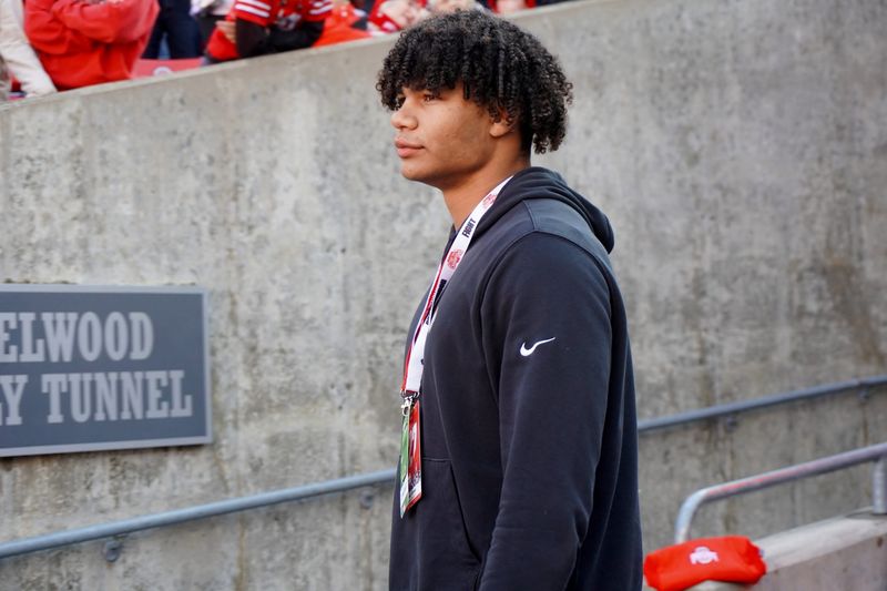 Greenwich Country Day defensive end Mekai Brown visits Ohio Stadium on the day of the Ohio State Buckeyes football game against the Rutgers Scarlet Knights on Nov. 22, 2025.