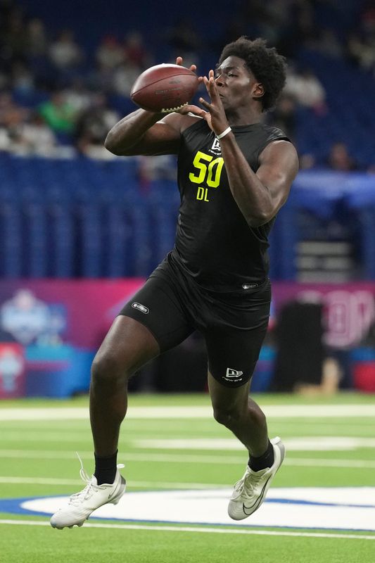Feb 26, 2026; Indianapolis, IN, USA; Southern California defensive lineman Anthony Lucas (DL50) during the NFL Scouting Combine at Lucas Oil Stadium. Mandatory Credit: Kirby Lee-Imagn Images