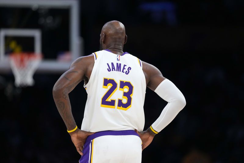 Apr 12, 2026; Los Angeles, California; Los Angeles Lakers forward LeBron James (23) in the first half against the Utah Jazz at the Crypto.com Arena. Mandatory Credit: Kirby Lee-Imagn Images