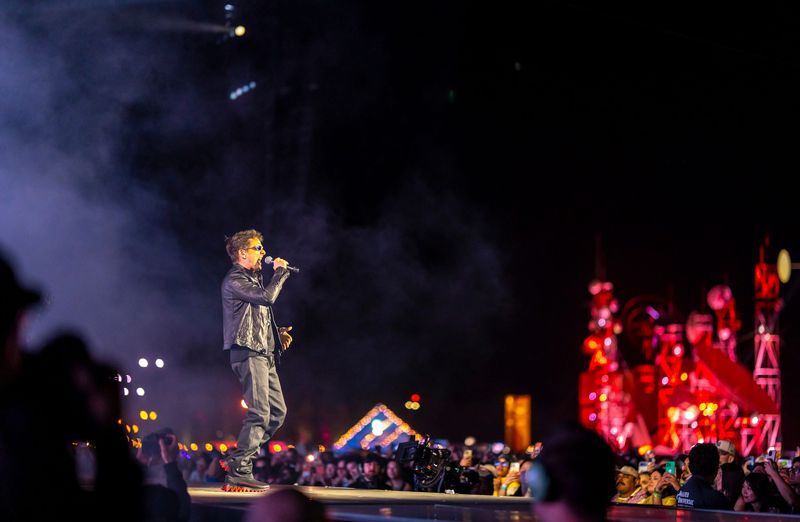 Muse frontman Matt Bellamy joins Anyma for his late-night set on the Coachella stage during Weekend 2 of the Coachella Valley Music and Arts Festival in Indio, Calif., Saturday, April 18, 2026.