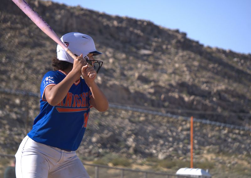 Academy for Academic Excellence's Aleena Grant awaits the pitch in the batter's box against Hesperia Christian on Friday, April 17, 2026. Grant delivered a walk-off single in the 10-9 victory.