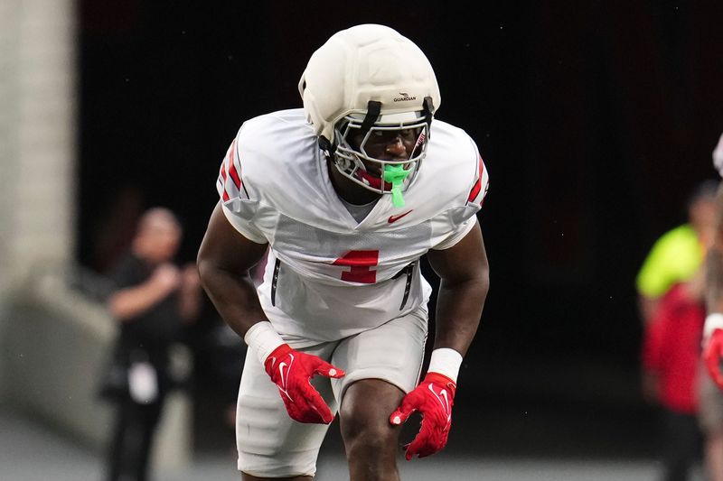 Defensive end Qua Russaw (4) lines up during the Ohio State football spring game at Ohio Stadium in Columbus on April 18, 2026.